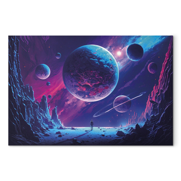 Canvas Celestial Spheres - A Man in Space Against the Background of Planets From an Alien Galaxy