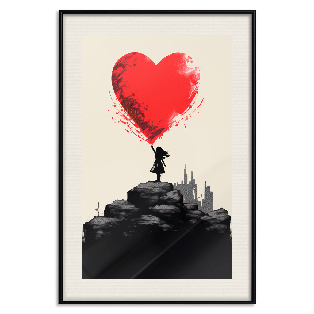 Muur Posters Red Heart - A Girl With A Balloon Inspired By Banksy’s Style