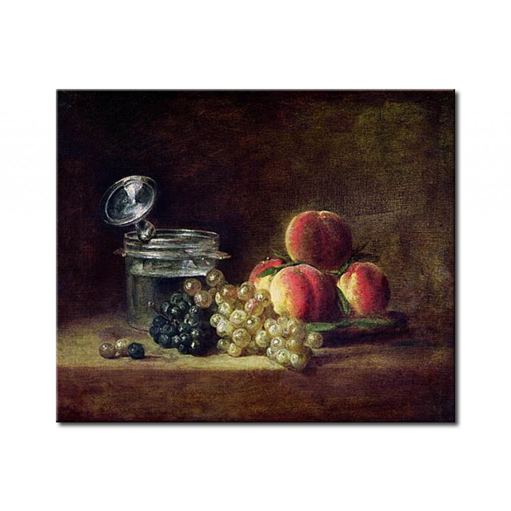 Reprodukcja Obrazu Still Life With A Basket Of Peaches, White And Black Grapes With Cooler And Wineglass
