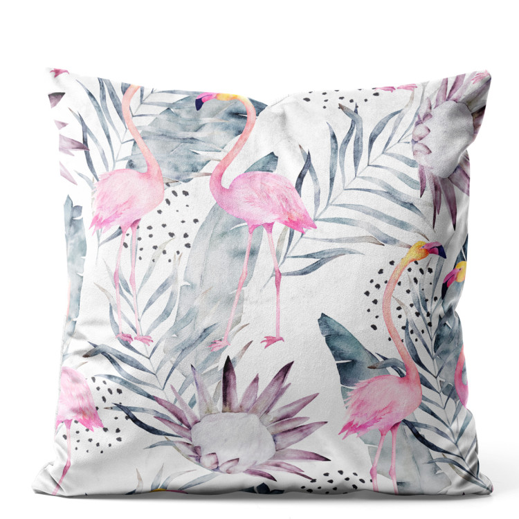 Sammets kudda Flamingos on holiday - floral design with exotic leaves and birds 146773