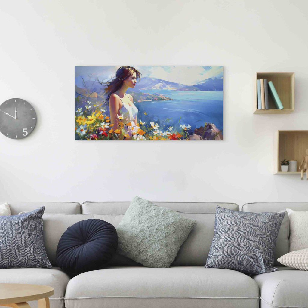 Schilderij  Mediterrane Landschap: Woman Against The Sea - A Floral Mountain Landscape In The Style Of Monet
