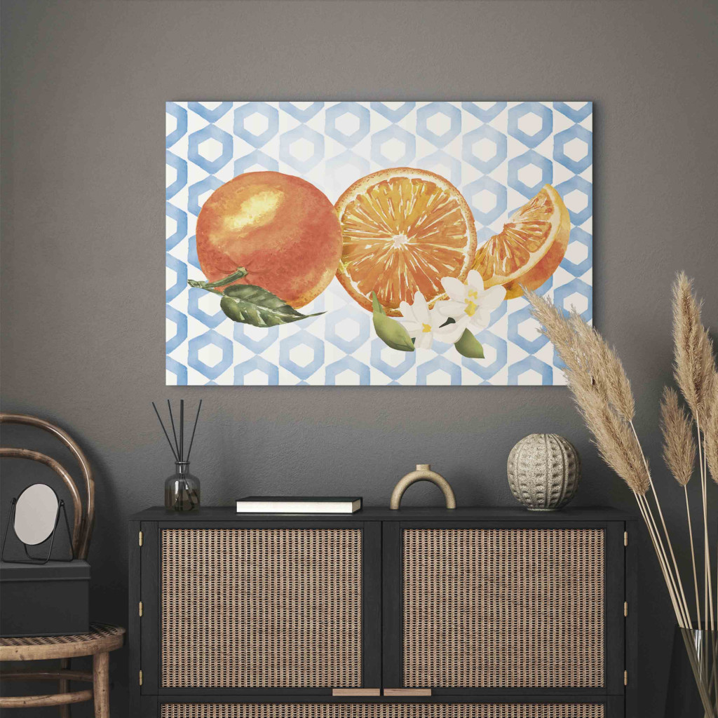Schilderij  Fruit: Sicilian Fruits - Oranges With Flowers On The Background Of Blue Ornaments