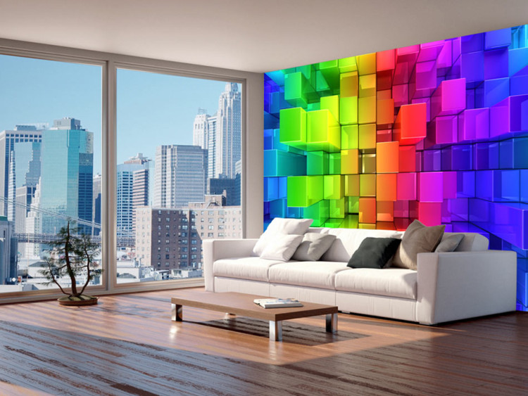 Fototapet Färgstark abstraktion - bakgrund med färgglada kubiska figurer i regnbågens mönster