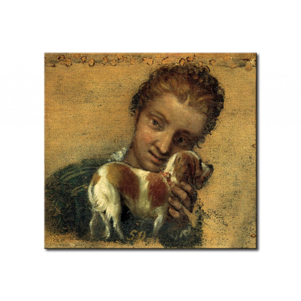Målning Young Woman With Dog