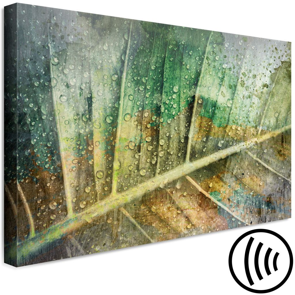 Obraz Krople Deszczu Na Liściu - Botaniczny Motyw W Zielonym Kolorze