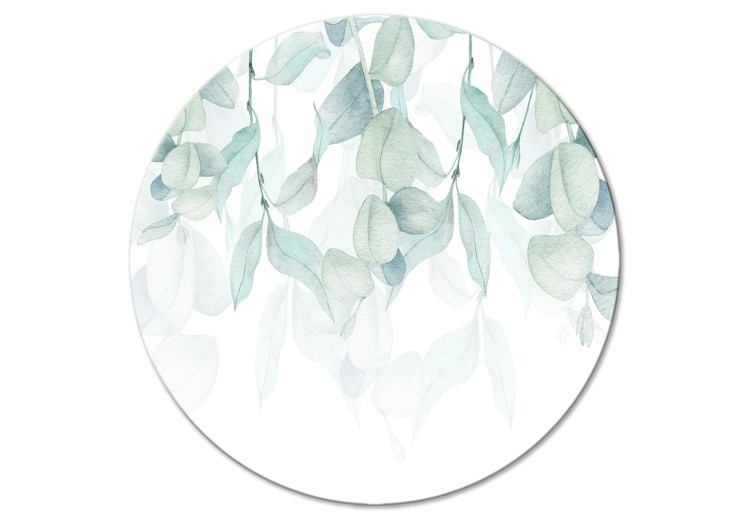 Round Canvas Vegetation - Delicate Green-Blue Leaves on a White Background 148683