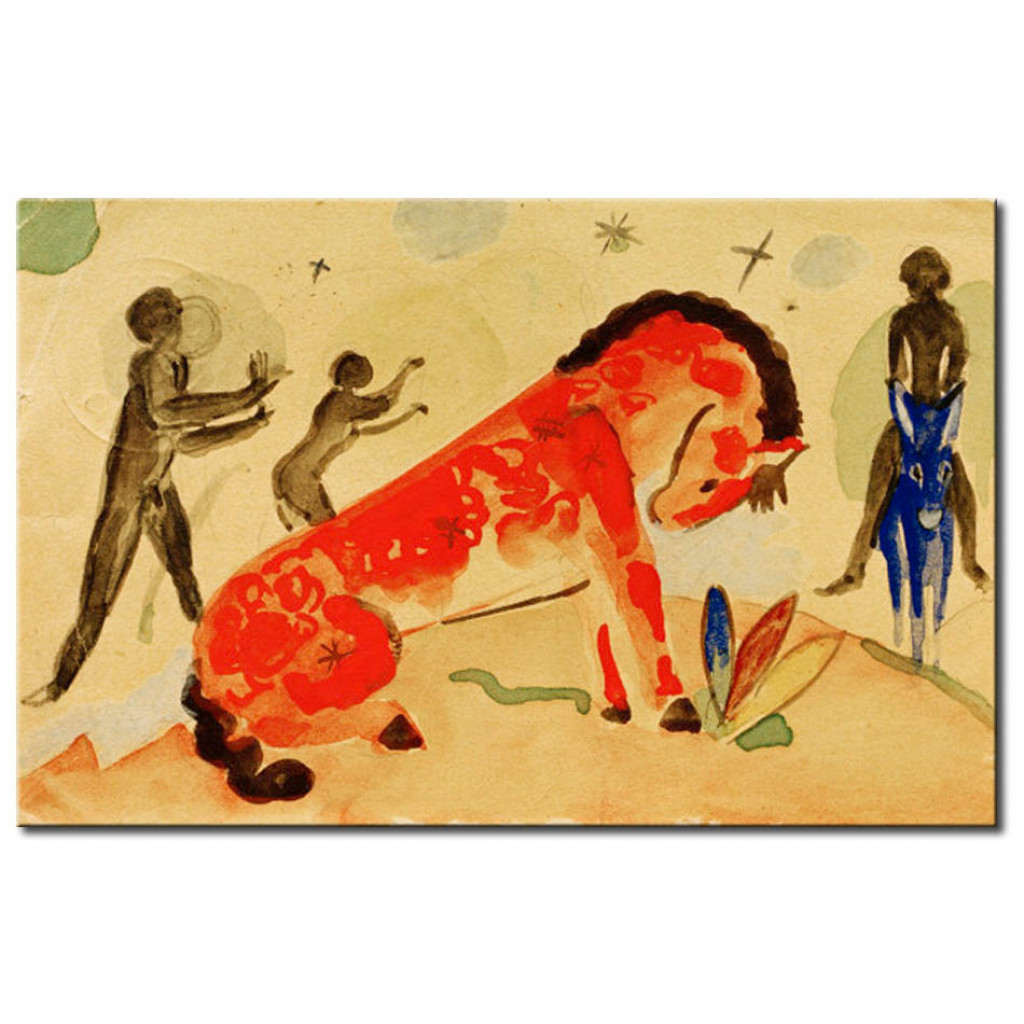 Schilderij  Franz Marc: Rotes Pferd Mit Schwarzen Figuren