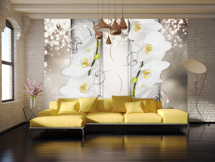 Wall Mural Elegant Flowers - Abstraction with White Orchids on a Patterned Background 60183