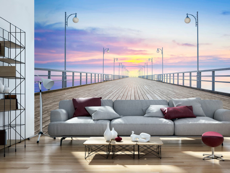 Fototapeta Zachód słońca na molo - pejzaż ze spokojnym morzem oraz białym mostem 61683