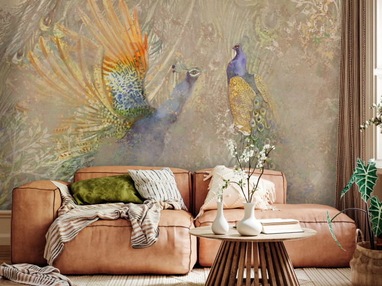 Fototapeta Pawie w tańcu - motyw ptaków wśród abstrakcyjnego deseniu w ornamenty 142393