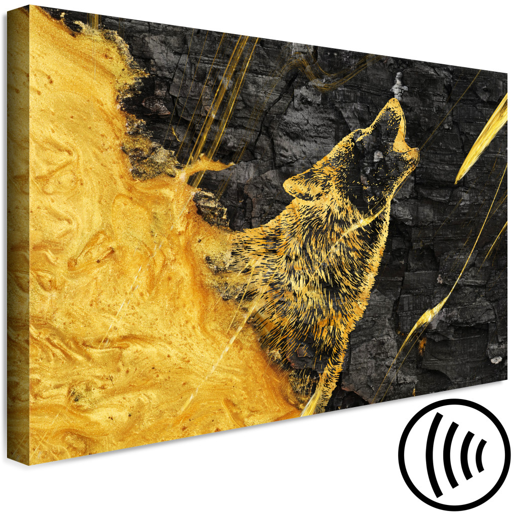 Schilderij  Andere Dieren: Howling Wolf - Shining Golden Animal On A Black Coal Background