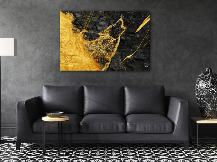 Canvas Howling Wolf - Shining Golden Animal on a Black Coal Background 148793 additionalImage 3
