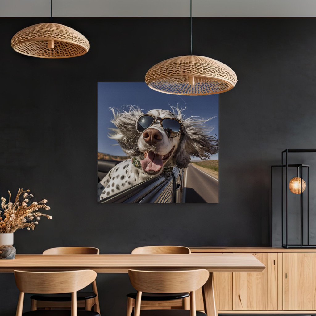 Schilderij  Honden: AI English Setter Dog - Animal With Glasses Riding In A Car - Square
