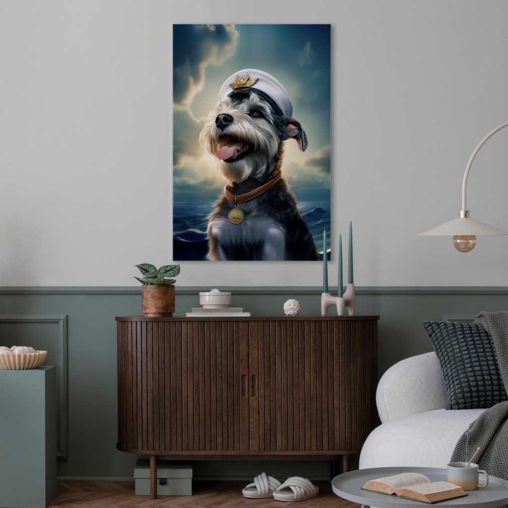 Schilderij  Honden: AI Dog Schnauzer - Portrait Of A Fantasy Animal In The Role Of A Sailor - Vertical