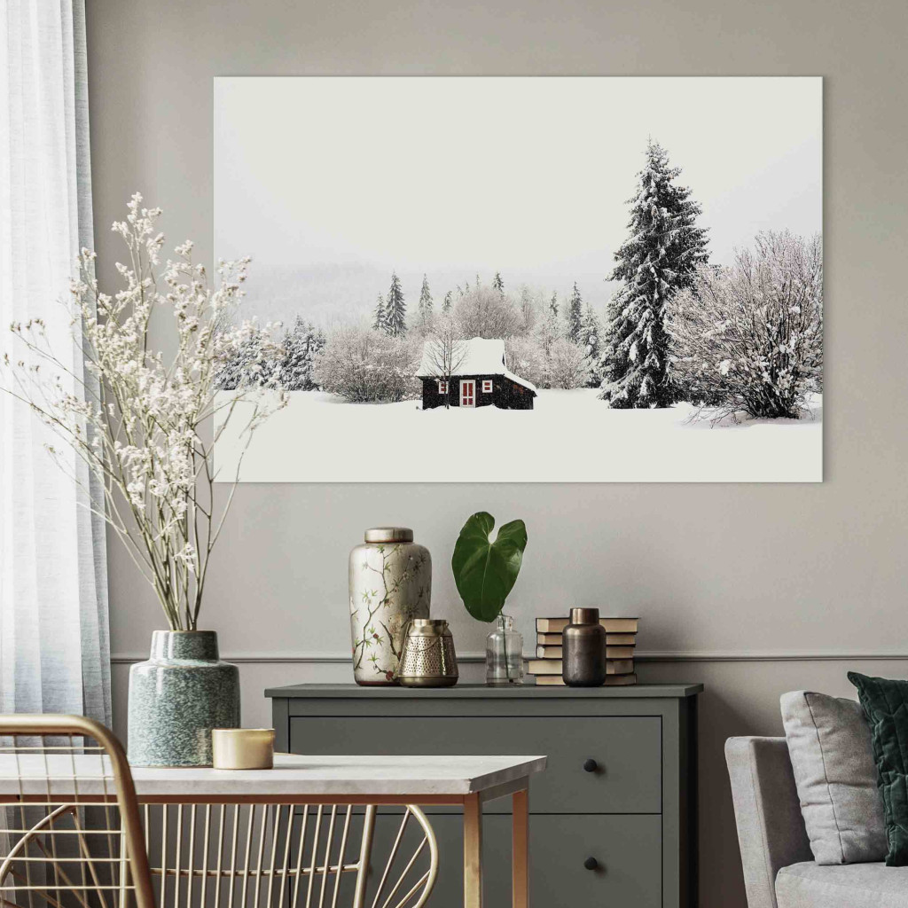 Obraz Zimowe Schronienie - Mały Domek W Przykrytym śniegiem Lesie