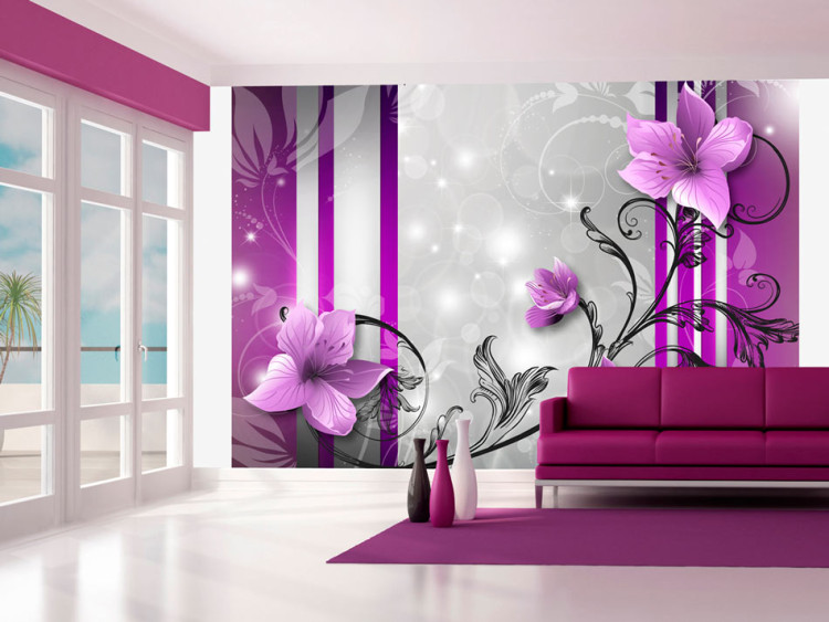 Wall Mural Purple Stripes - Nature in Modern Style with Flowers in the Center 60693