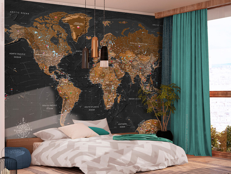 Fototapeta Czarno-brązowa stylowa mapa świata z flagami 98093