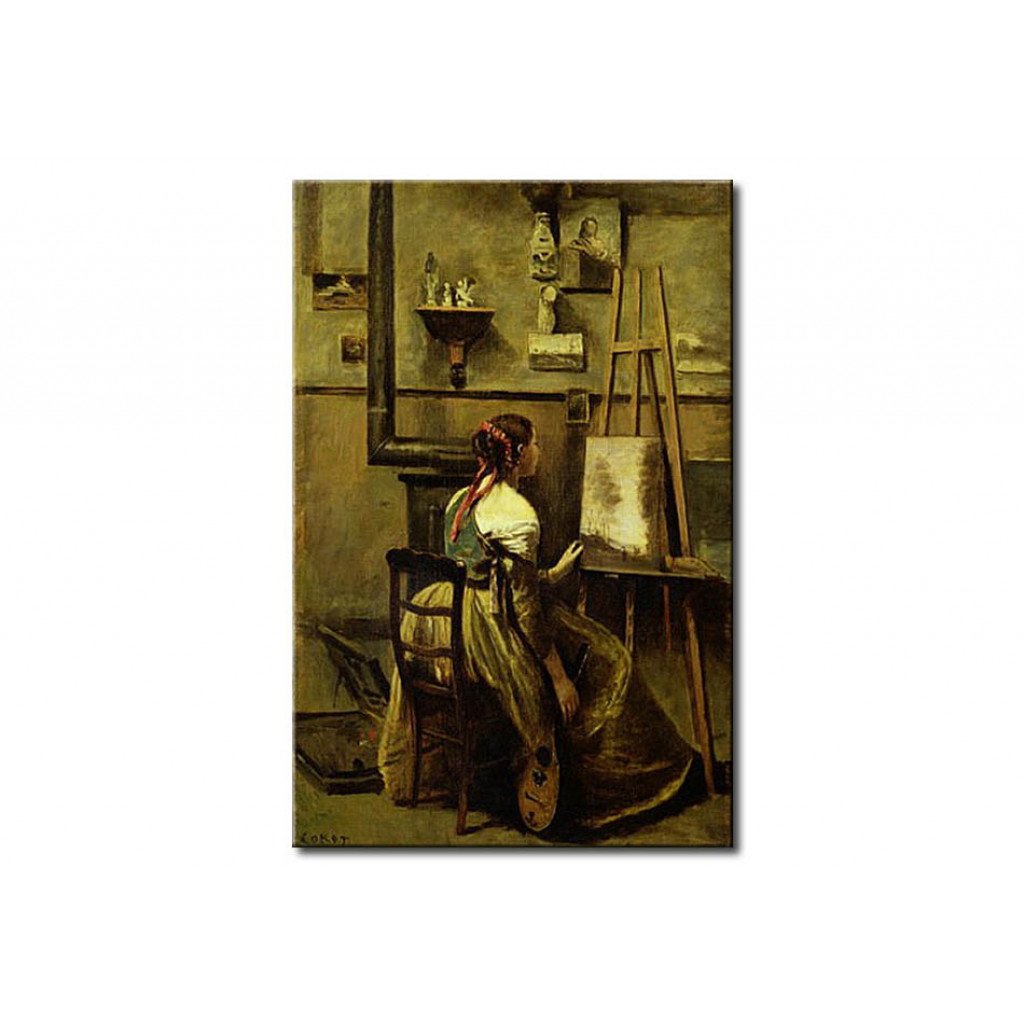 Schilderij  Jean-Baptiste-Camille Corot: The Studio Of Corot, Or Young Woman Seated Before An Easel