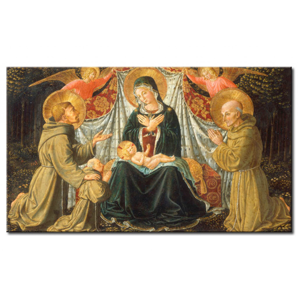 Schilderij  Benozzo Gozzoli: Madonna And Child And The Saints Bernardine Of Siena And Francis Of Assisi With The Donor Jacopo Da Montefalco