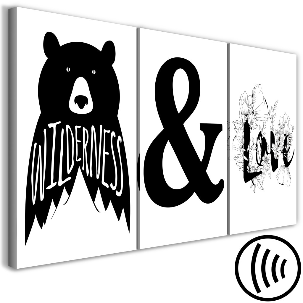 Obraz Dzikość I Miłość - Czarno-białe Grafiki Z Niedźwiedziem I Kwiatami