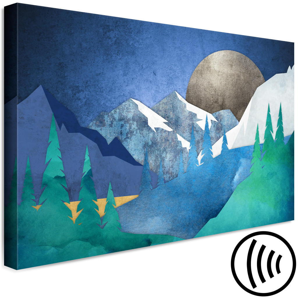 Schilderij  Landschappen: Evening Idyll - Graphics With Mountains And The Moon In Dark Colors