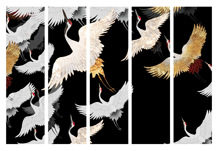 Parawan pokojowy Żurawie nocą - złocisto-białe ptaki odlatujące na czarnym tle 146004 additionalImage 3
