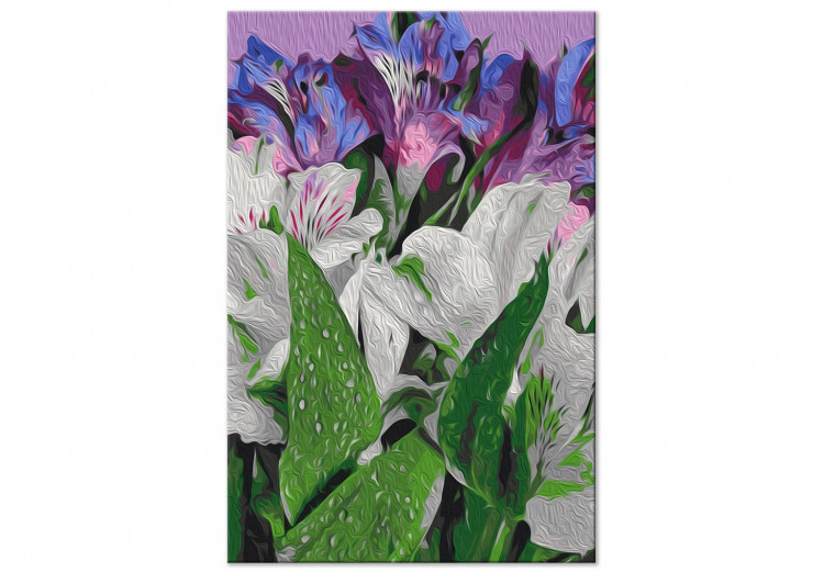 Obraz do malowania po numerach Dzikie tulipany - Kwitnące na biało i fioletowo kwiaty, zielone liście 146204 additionalImage 4