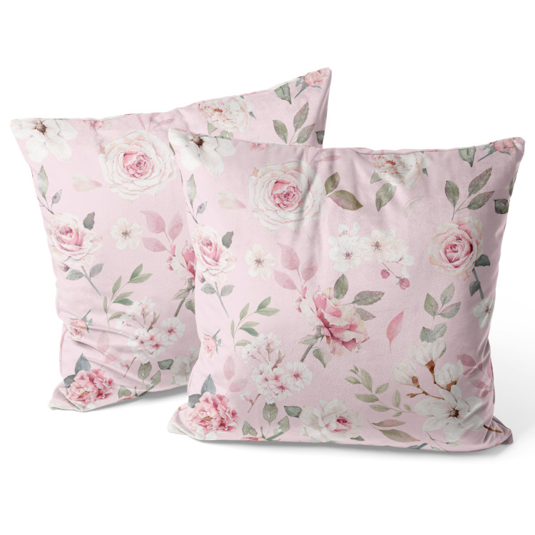 Sammets kudda Spring charm - vintage-style rose and magnolia on pale pink background 147104 additionalImage 2