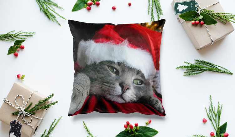 Decorative Velor Pillow Cat with Santa hat - Christmas animal on dark background 148504 additionalImage 3