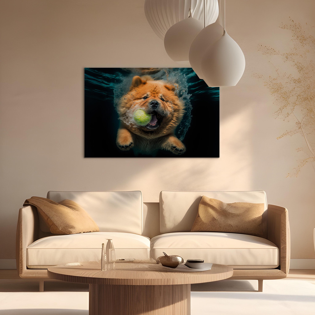 Obraz AI Pies Chow Chow - Pływający Zwierzak Z Piłką W Pysku - Poziomy