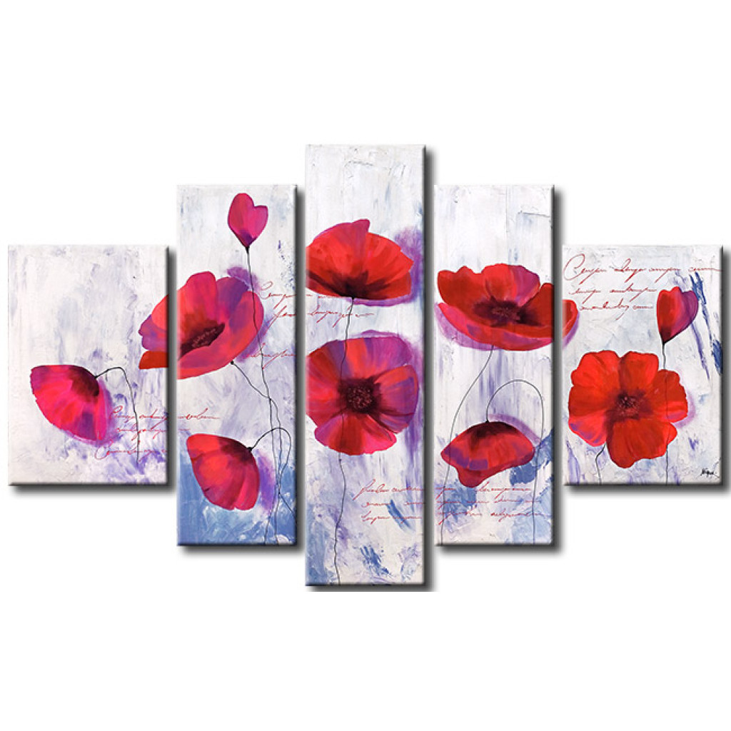 Obraz Lodowe Maki (5-częściowy) - Czerwone Kwiaty Na Białym Tle Z Napisami