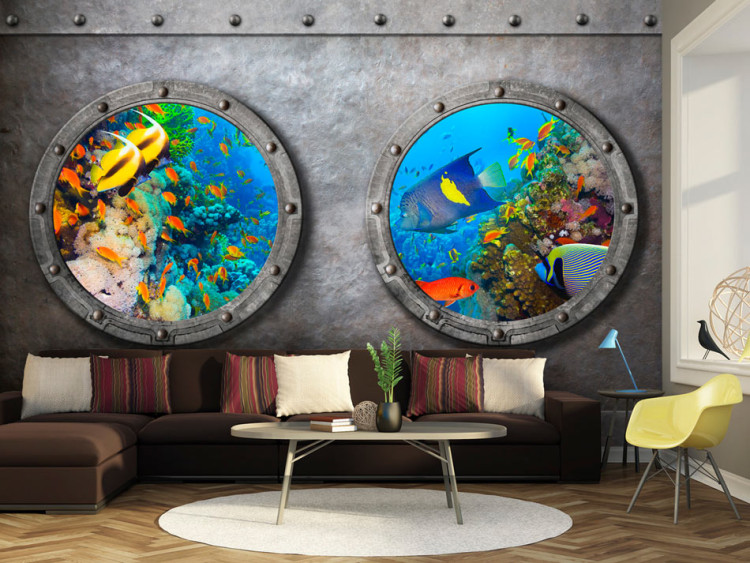 Mural de parede Janela para outro mundo - paisagem da vida subaquática de peixes em um recife de coral 60004
