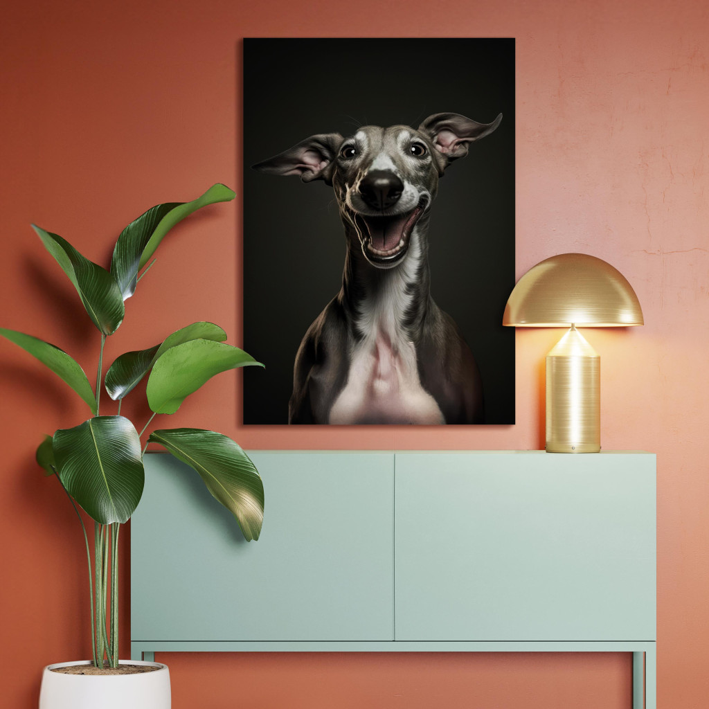 Obraz AI Pies Greyhound - Portret Szeroko Uśmiechniętego Zwierzaka - Pionowy