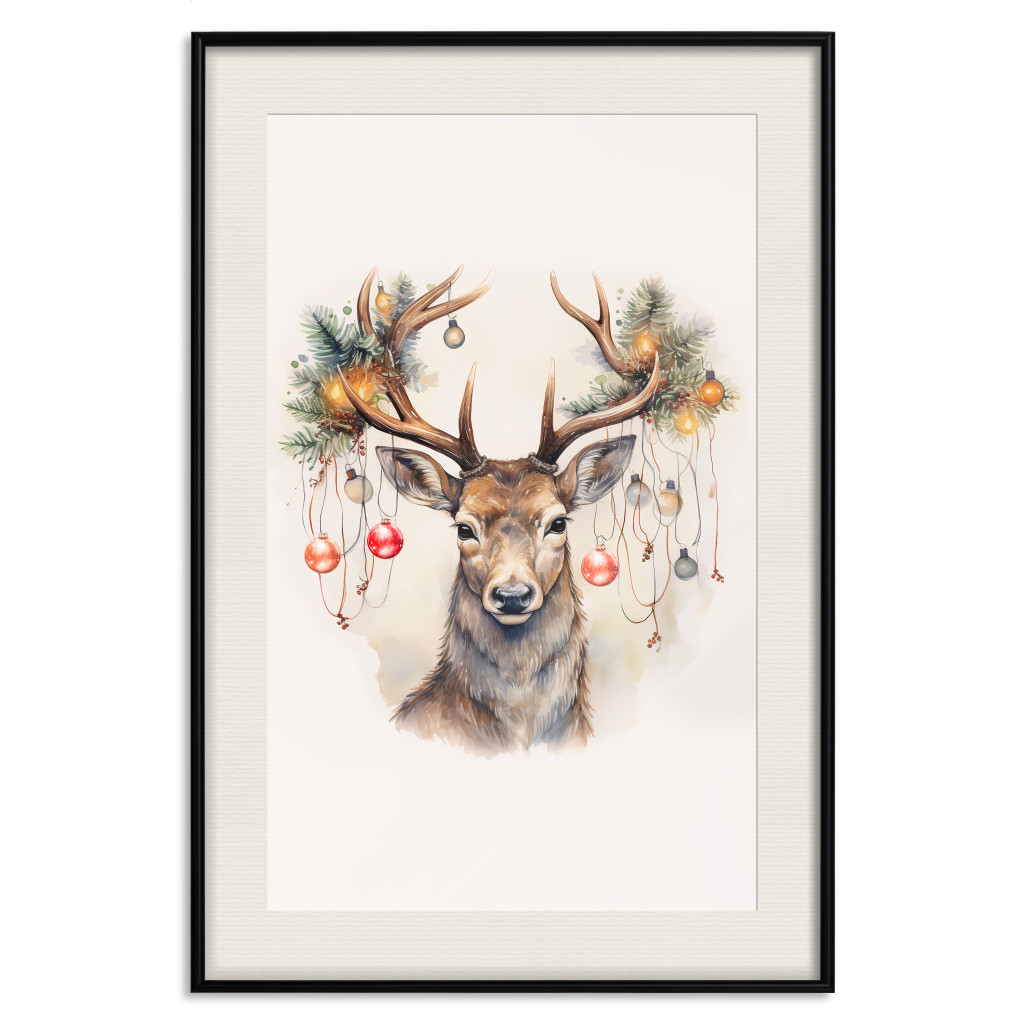 Muur Posters Christmas Guest - Watercolor Illustration Of A Deer With Ornamented Antlers