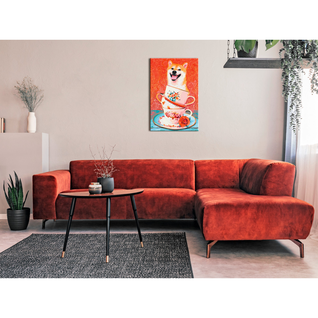 Obraz Do Malowania Po Numerach Wesoły Pies - śmiejący Się Shiba I Filiżanki Do Herbaty Na Czerwonym Tle