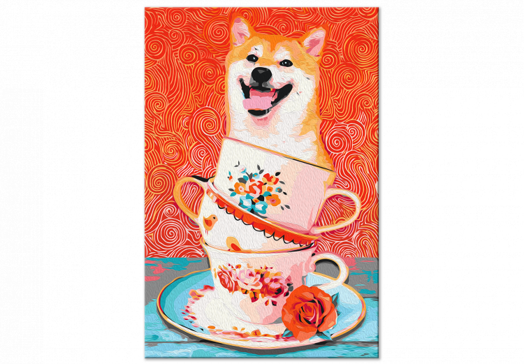 Måla med siffror Cheerful Dog - Laughing Shiba and Teacups on a Red Background 144524 additionalImage 7