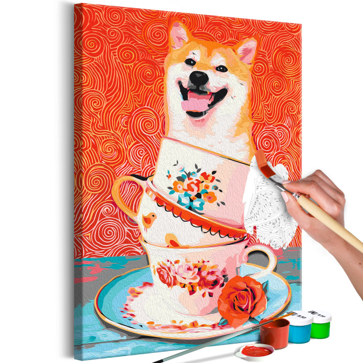 Måla med siffror Cheerful Dog - Laughing Shiba and Teacups on a Red Background 144524 additionalImage 3