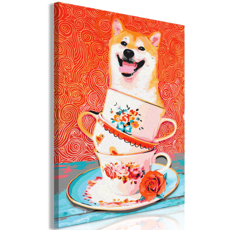 Måla med siffror Cheerful Dog - Laughing Shiba and Teacups on a Red Background 144524 additionalImage 4