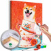 Måla med siffror Cheerful Dog - Laughing Shiba and Teacups on a Red Background 144524