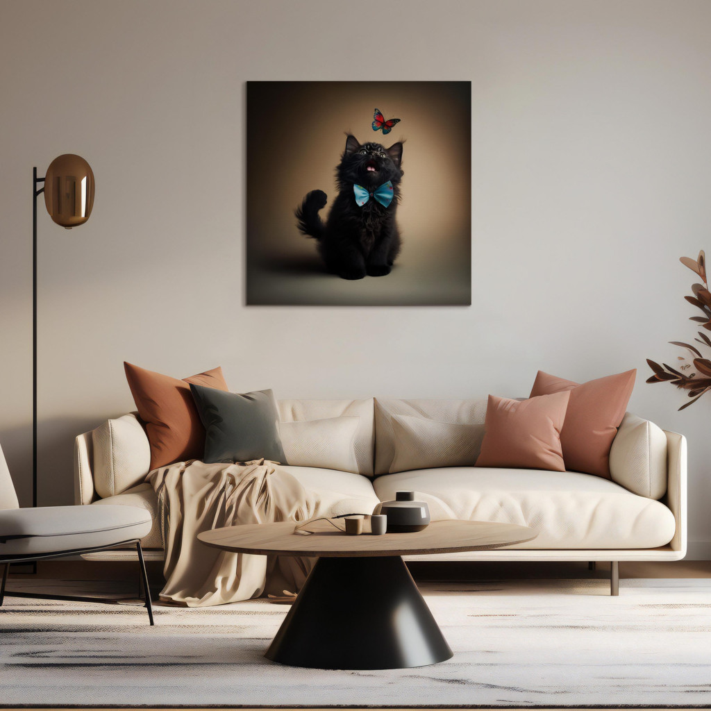 Schilderij  Katten: AI Cat - Animal In A Bow Tie Watching A Colorful Butterfly - Square