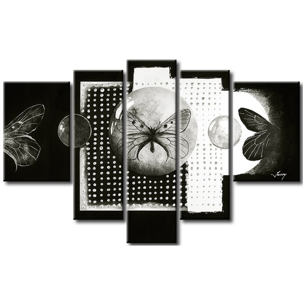 Obraz Kolekcja Motyli (5-częściowe) - Czarno-biała Abstrakcja Z Deseniami