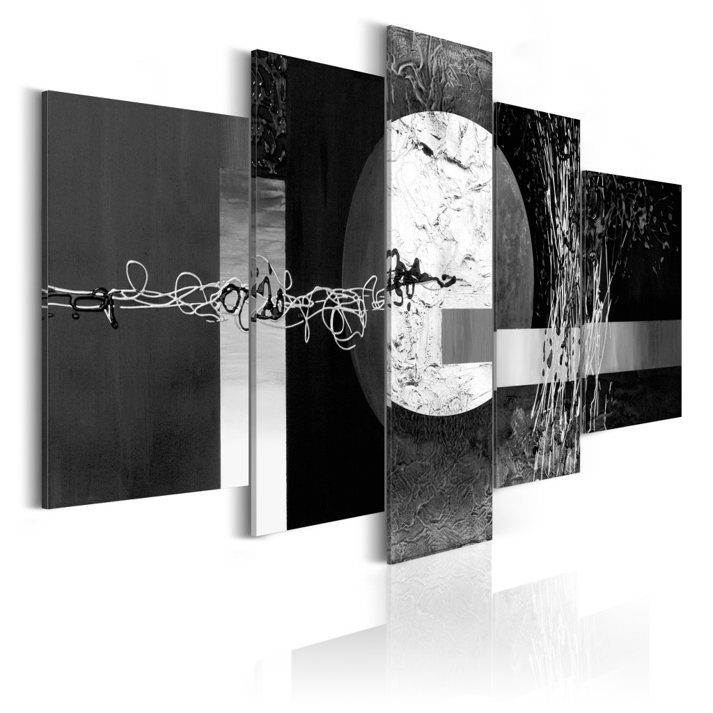 Obraz Pełnia (5-częściowy) - Czarno-biała Abstrakcja Z Dużym Kołem W Bieli