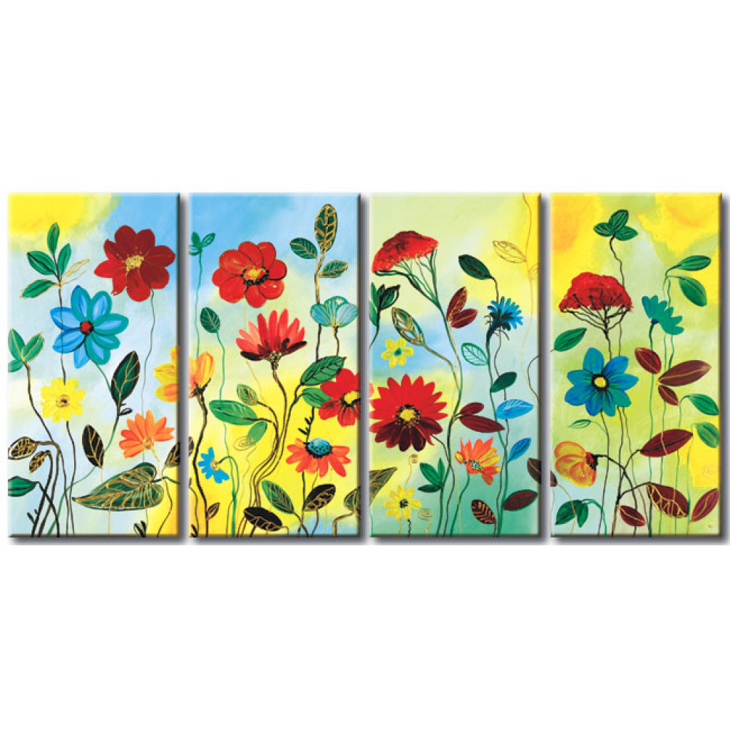 Canvastavla Fantasifull äng (4-del) - Färgglada Blommor På Himmelsblå Bakgrund
