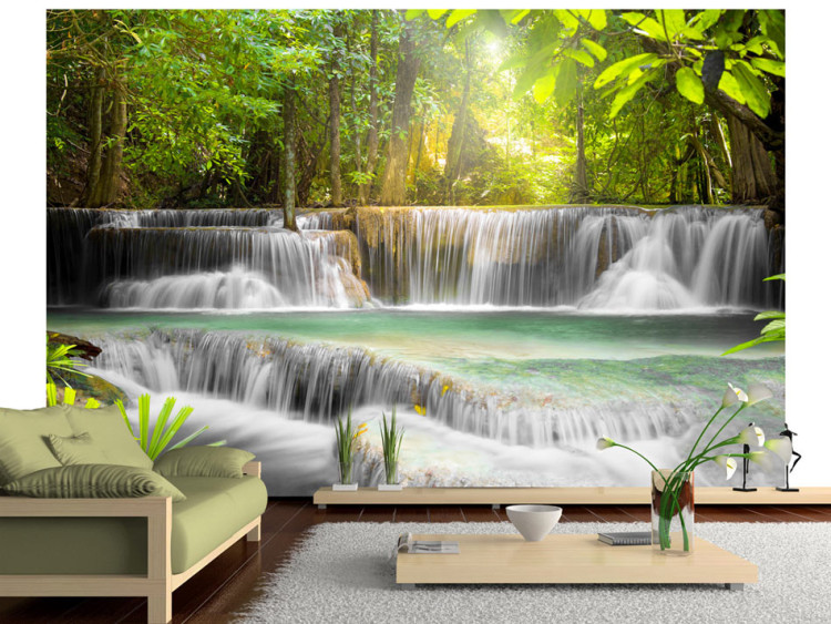 Wall Mural Riverside Relaxation - Waterfall Landscape Surrounded by Nature in the Forest