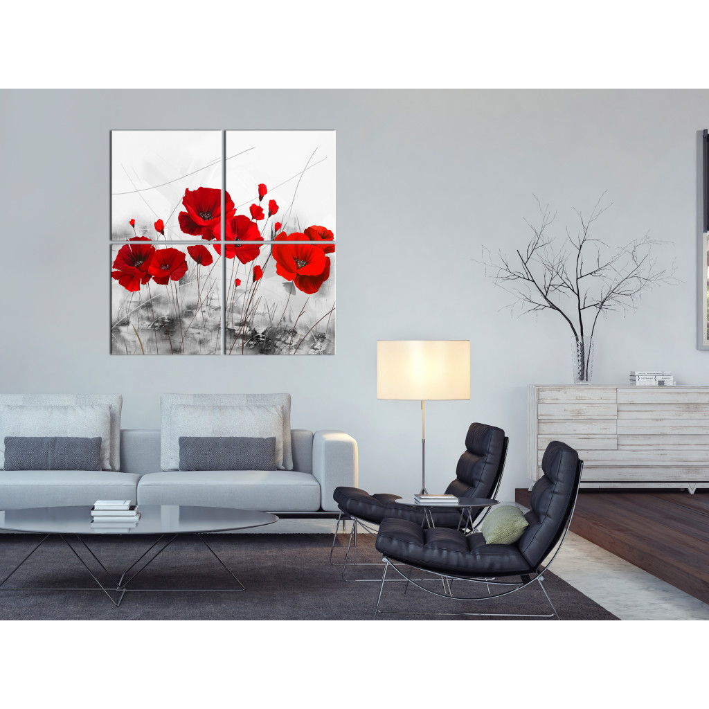 Obraz Czerwone Maki Na łące (4-częściowy) - Kwiaty Na Szarym Tle Natury