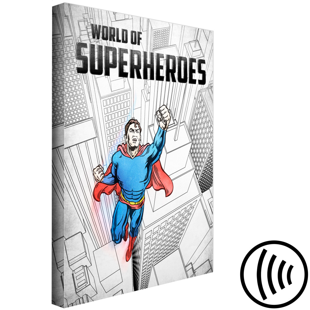Canvastavla Superhjälte Med Skyskrapor - Grafik Inspirerad Av Stålmannen-serier