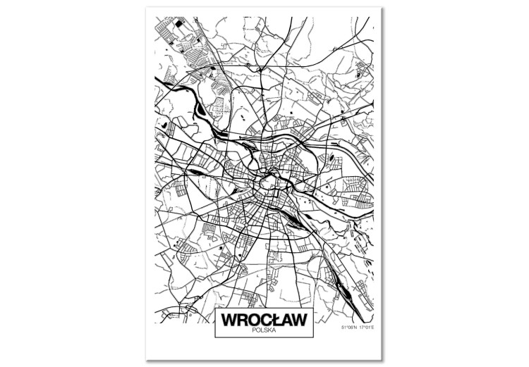 Canvastavla Karta över Wroclaw - minimalistisk, svartvit grafik med stadskarta