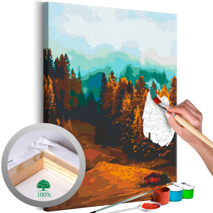 Paint by number Nostalgic Forest - Autumn Landscape with Mountains, Trees and a House 146534