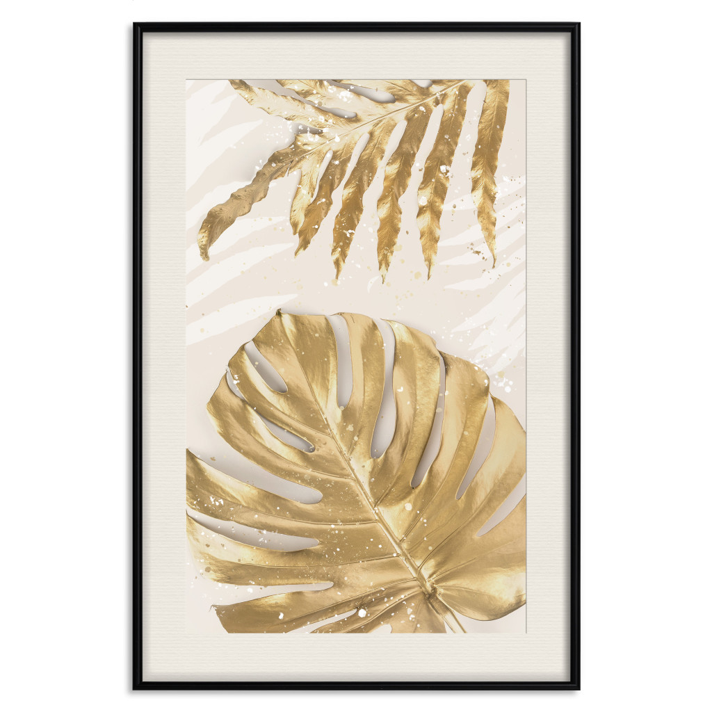 Plakat: Złote Liście Z Elegancką Monsterą - Rośliny W świątecznym Klimacie