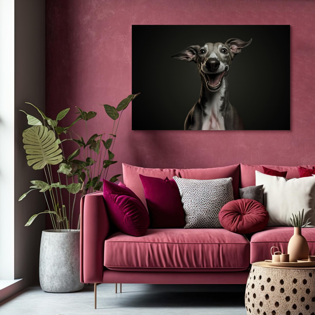 Obraz AI Pies Greyhound - Portret Szeroko Uśmiechniętego Zwierzaka - Poziomy